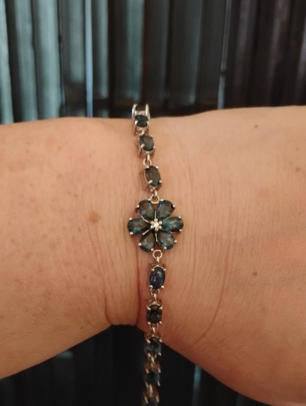 London Blue Topaz Flower Tennis Bracelet In Rhodium Over 925 Sterling Silver - Picture 6 of 6